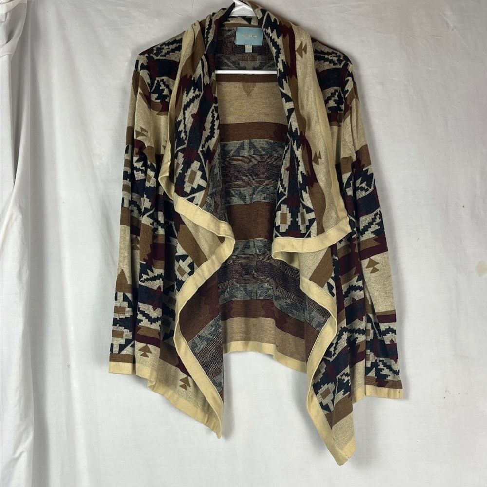 Brown and Tan Geometric Anthropolgie Skies Are Blue Cardigan